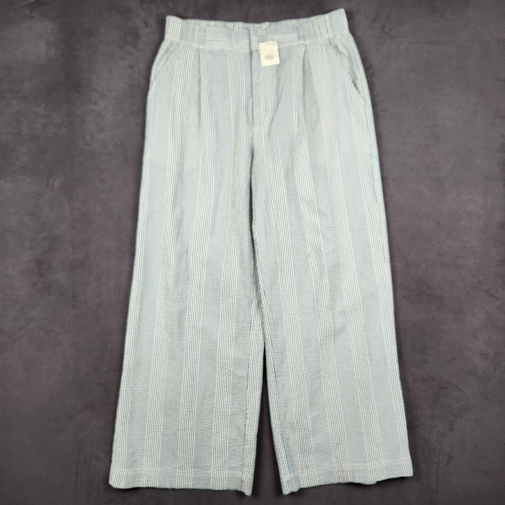 Free People Wide Leg Pants Womens Large Blue Striped Seersucker OB1533116 NEW